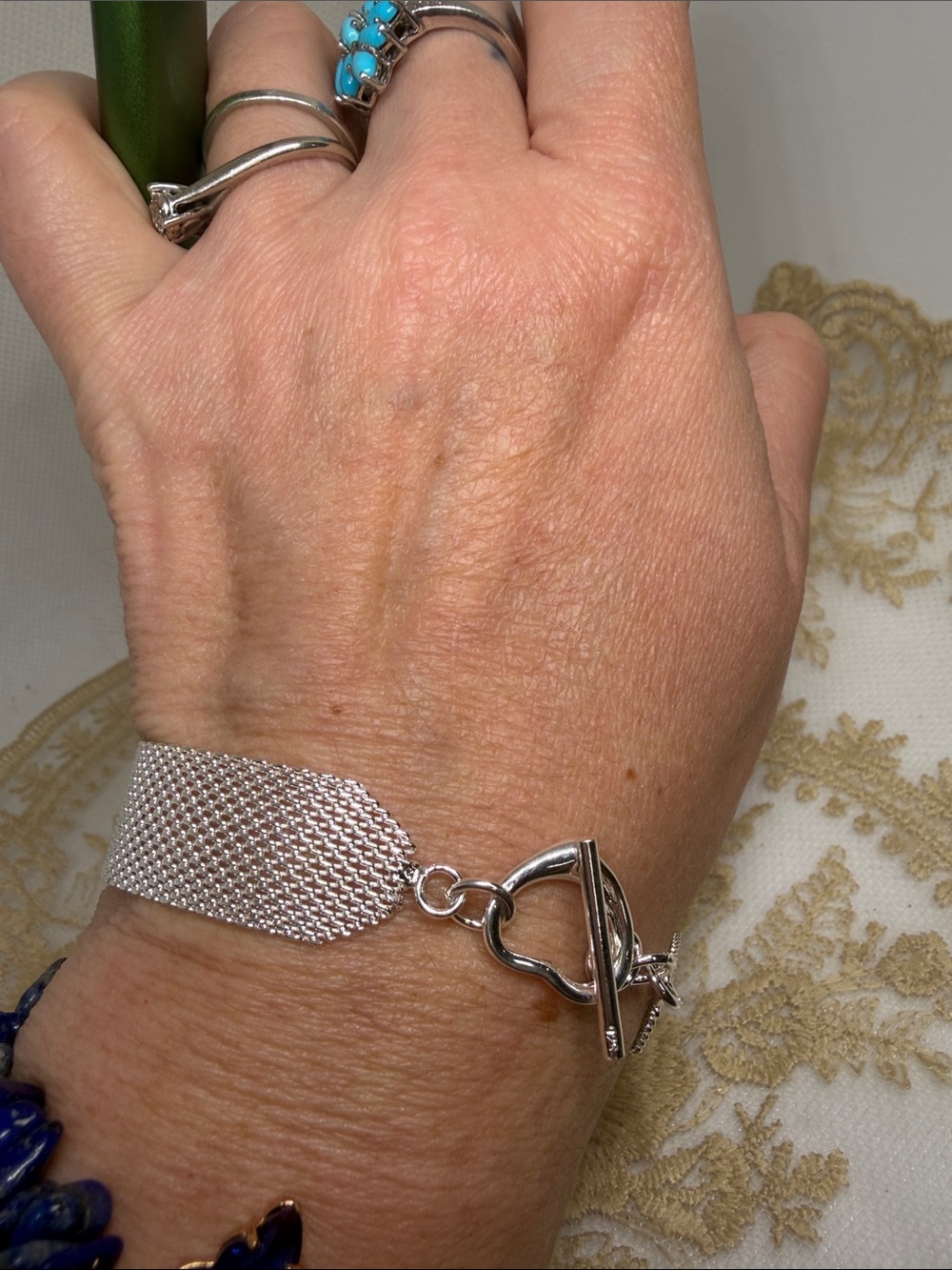 925 Sterling Silver Wide Mesh Bracelet Heart Toggle Statement Cuff Elegant